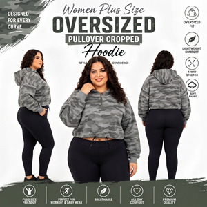 Sweat-shirt court à capuche imprimé camouflage pour femme, grande taille, avec demi-fermeture éclair, 100% French Terry, haut court à capuche imprimé pour femme - Product Image 4