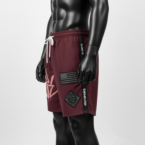 Shorts de bain pour homme en microfibre polyester premium 150 GSM, bordeaux, tissu à séchage rapide, empiècements latéraux, logo personnalisé par sublimation. - Product Image 5