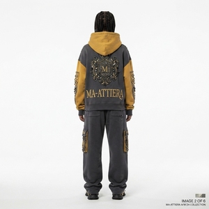 Custom <b>Women</b> Black Mustard Color Block Rhinestone Hoodie Cargo <b>Jogger</b> Set Cotton <b>Fleece</b> Streetwear Tracksuit Wholesale - Product Image 2