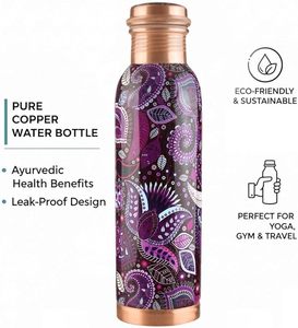 Bohemian Royal Violet Paisley Printed Solid Copper Water <b>Flask</b> Intricate Ornamental Tapestry Surface Metallic Hydration Vessel - Product Image 2