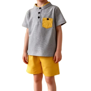 <b>Boys</b> Summer Casual Two-Piece Set Featuring Small Stand-<b>up</b> Collar Half-button Fashion Short-sleeve Jersey Print Top Stylish - Product Image 1