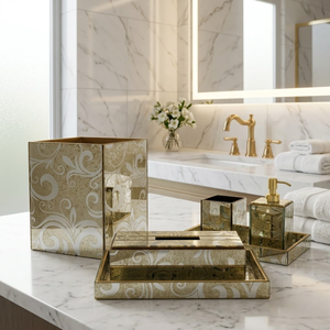 Modern Designer Glass Bathroom Set | <b>Soap</b> Dispenser, Toothbrush <b>Holder</b>, Tumbler & Tray | Elegant Durable Bathroom Organizer - Product Image 3