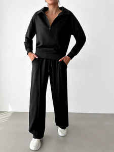 Conjunto Casual de Dos Piezas para Mujer, Ecológico, de Felpa, con Top de Cuello en V y Pantalones Anchos, Cómodo para Uso Diario, Traje a la Moda - Product Image 2