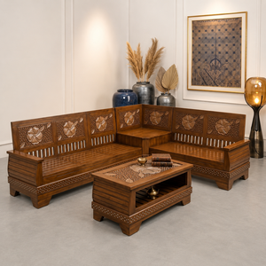 Juego de Sofá Esquinero Tradicional en Forma de L de Madera Maciza con Tallados Florales y Mesa de Centro con Almacenamiento para Sala de Estar - Product Image 6