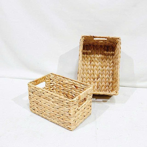 Natural Water Hyacinth Mix Seagrass Eco-Friendly Rustic <b>Rectangle</b> Frame <b>Storage</b> <b>Basket</b> Set Handles for Home Laundry Organizing - Product Image 2
