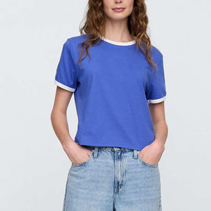 Cheap Price Blue Women's Crop T-<b>Shirt</b> Crew Neck Short Sleeve Loose Fit <b>Flame</b> Logo Print Casual Jersey Cotton Spring Summer Wear - Product Image 4