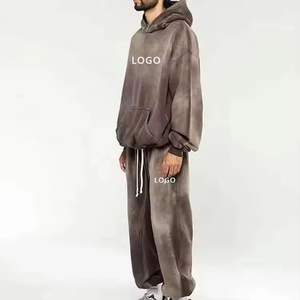 Ensemble de survêtement oversize noir délavé pour homme, comprenant un sweat à capuche en molleton épais et un pantalon de survêtement à jambes larges, ensemble streetwear deux pièces pour l'hiver - Product Image 1