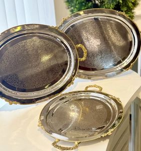 Innovation Craft Disposable Eco-Friendly Wedding Stainless Steel <b>Dinner</b> Service <b>Tray</b> Food Plate Set for Catering with Brass hand - Product Image 2
