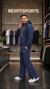 REXFIT SPORTS 2026 Custom Navy <b>Nylon</b> <b>Tracksuit</b> <b>Men</b> Hooded Zip Up Jacket Wide Leg Pants Two Piece Sportswear Set Custom Logo - Product Image 5