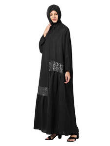 Robe longue en coton noire pour femme, style Abaya, coupe ample, manches longues, broderie florale, tenue modeste quotidienne, style Moyen-Orient - Product Image 1