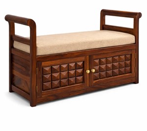 Banco de Almacenamiento Tallado en Madera Maciza |   Sofá de Entrada Tapizado con Patrón de Pirámide 3D |   Muebles de Salón al por Mayor - Product Image 2