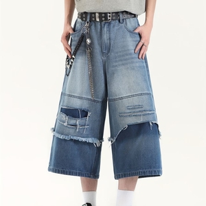 Shorts Capri en Jean Déchiré Taille Haute pour Homme, Style Urbain Patchwork, en Toile de Coton avec Braguette Boutonnée, Décontracté - Product Image 3