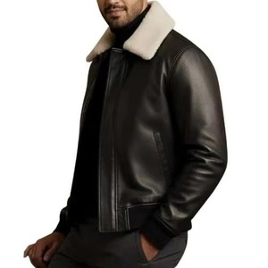 Custom <b>Men</b> Brown Leather Fur <b>Jacket</b> Beige <b>Shearling</b> Fur Collar Winter Luxury Biker <b>Jacket</b> Premium Quality Leather Fur <b>Jacket</b> <b>Men</b> - Product Image 3