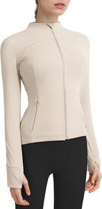 Veste zippée beige à manches longues pour femme, col montant, respirante, en nylon et élasthanne, couleur unie, coupe classique, toutes saisons - Product Image 2
