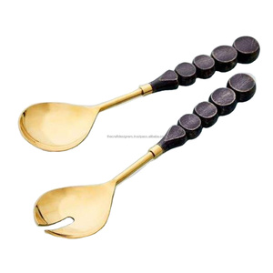 Gold <b>Spoon</b> & <b>Fork</b> Stainless Steel Salad Cutlery <b>Set</b> With Resin Beads Handles Latest Designs For Parties Events Tableware Uses - Product Image 1