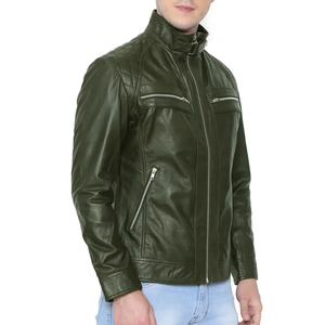 <b>Slim</b> <b>Fit</b> Green Leather <b>Jacket</b> for Men Stylish Moto Style Zippered Pockets Customized Regular Sleeve Autumn Style Men's <b>Jacket</b> - Product Image 3
