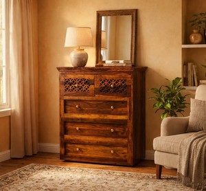 Commode à 5 tiroirs en bois massif |   Commode à façade en treillis sculptée à la main |   Meubles de chambre à coucher et autres meubles de maison en gros - Product Image 2