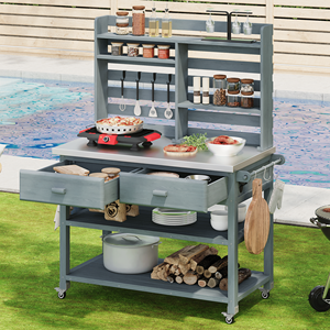 Isola Cucina da Esterno in Legno Massello con Ripiano Superiore e Ruote Bloccabili, 165 cm di Altezza, Banco da Giardinaggio con Vano Portaoggetti in Acciaio Inossidabile - Product Image 4