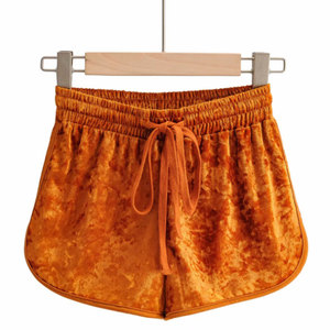 Shorts en velours pour femme, couleur unie, taille élastique avec cordon de serrage, coupe ajustée, décontracté, taille haute, motif à carreaux orange, style hot pants - Product Image 1