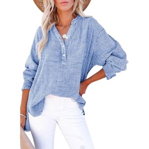 Womens Casual Button V Neck Long Sleeve Shirts Oversized Solid Blouses <b>Tops</b> - Product Image 2