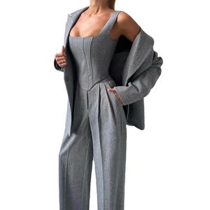 Elegant Solid Blazer Coats <b>Pants</b> 3 Pieces Sets <b>Women</b> Long Sleeve Belt Coat Fishbone Top High Waist Wide Trousers Lady Suits - Product Image 1