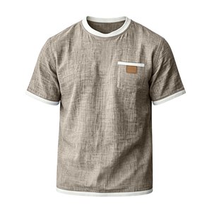 Camiseta de Verano para Hombre, Estampada, de Algodón y Lino, Manga Corta, Cuello Redondo, Ligera, Transpirable, con Ribete en Contraste y Bolsillo en el Pecho - Product Image 3