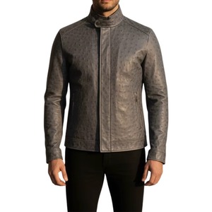 Veste en cuir de vachette véritable pour homme, style Cafe Racer, col montant, effet d'autruche, couleur gris chaud, personnalisation disponible - Product Image 1