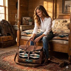 Sac de voyage pour ordinateur portable en cuir véritable de style occidental avec laine aztèque, grande capacité, portable et design tendance - Product Image 6