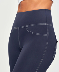 Leggings de yoga taille basse pour femmes, couleur unie, avec poches, surpiqûres contrastées, longueur intégrale, extensibles dans quatre directions, taille élastique, en Spandex/Nylon, séchage rapide - Product Image 3