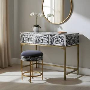 Decorative Accent Furniture Hollywood Glam <b>Vanity</b> Table With Black White Pattern Brass Frame And Matching <b>Stool</b> For Bedroom - Product Image 1