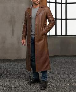 Veste en cuir noir sur mesure pour homme, respirante, épaisse, col en V, à un seul bouton, long manteau trench avec doublure en laine amovible - Product Image 1