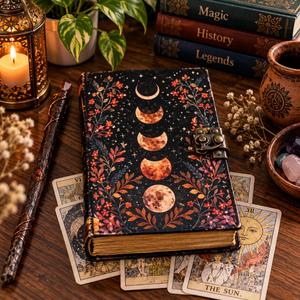 Vintage Moon Phase Leather Journal 7x5 Inch Celestial Grimoire Deckle Edge Notebook Antique Clasp Witchy <b>Diary</b> - Product Image 6