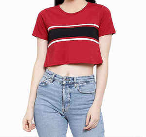 Women's <b>Red</b> <b>Crop</b> <b>Top</b> Short Sleeve V-Neck Striped Color Block Knitted Casual T-Shirt - Product Image 3