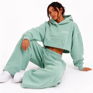 Vocksin Exports Sudadera Corta con Adornos de Diamantes de Imitación Verde Menta para Mujer, Pantalones Deportivos de Pierna Ancha, Corte Regular Premium, 100% Algodón, Secado Rápido - Product Image 1