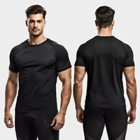 T-shirt de sport pour homme noir uni en polyester 220 GSM à séchage rapide, coupe ajustée, manches courtes, avec poche, col ras du cou, vente en gros