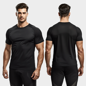 T-shirt de sport pour homme noir uni en polyester 220 GSM à séchage rapide, coupe ajustée, manches courtes, avec poche, col ras du cou, vente en gros - Product Image 4
