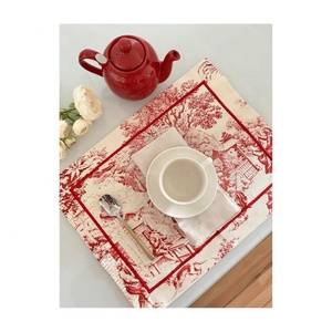 Mantel Individual de lino de algodón orgánico lavable personalizado para el hogar, Jacquard rojo minimalista de estilo indio con diseño de bordado - Product Image 6