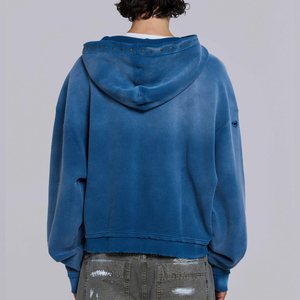 Custom Own Logo High Quality Heavyweight Distressed French Terry 400gsm Sun Faded Washed Blank Vintage Oversized <b>Zip</b> up Hoodie - Product Image 5