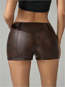 Women's Faux Leather <b>Shorts</b> with Pockets High Waist Vegan Leather Casual Fashion <b>Shorts</b> OEM Manufacturer - Product Image 2