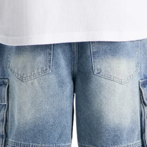Shorts cargo mi-longs en jean délavé bleu clair pour homme, décontractés, longueur genou, en coton, avec poches utilitaires, séchage rapide, respirants, coupe décontractée, pour l'été - Product Image 4