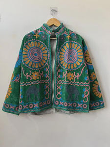 <b>Womens</b> Floral Embroidery <b>Velvet</b> Coat Handmade Ethnic Bohemian Winter <b>Jacket</b> Stand Reversible Cotton Lining Stylish Festival - Product Image 1