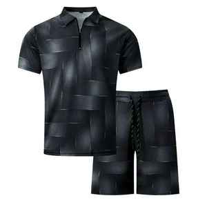 Ensemble polo et short pour homme, noir uni, tissé, personnalisable, tenue décontractée d'été, respirant, 100% coton, deux pièces - Product Image 2
