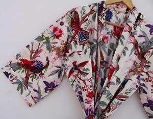 Bird Print Cotton <b>Kimono</b> Robe V Neck Loose Fit <b>Beach</b> Cover Up Summer Loungewear for Women Hand Print Cotton <b>kimono</b> Night wear - Product Image 3