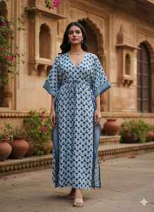 Blue Floral Hand Block Print <b>Kaftan</b> Midi <b>Long</b> Cotton Women Beach Coverup Boho Loungewear Indian Ethnic Gowns Natural Waist - Product Image 6