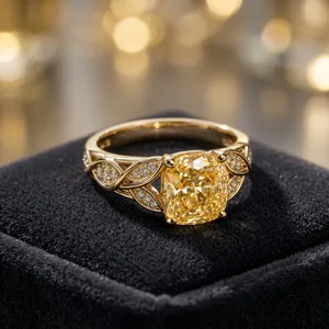 Bague de luxe en or massif 14K/18K avec diamant jaune taille coussin - Bijou fin vintage avec bande tressée en forme de feuille pour fiançailles et mariage - Product Image 5