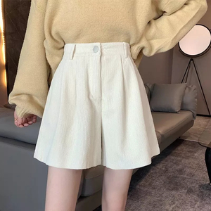 High Waisted White Corduroy <b>Shorts</b> <b>Women</b> Loose Fit Solid Color Button Fly Casual Pants <b>Short</b> Skirt Style Breathable Woven Fabric - Product Image 1