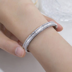 Baguette Round Cut Lab Grown Diamond Halo Tennis Bangle 925 Sterling Silver 10K 14K 18K Gold Hinged <b>Bracelet</b> Womens Fine Jewelry - Product Image 4