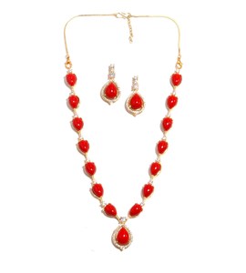 22 K Gold Plated Brass Red Stone Long <b>Necklace</b> Set With Earrings <b>Statement</b> Bridal Wedding Jewelry At Factory Price - Product Image 4