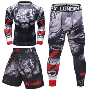 Ensemble de rashguard de compression pour homme, manches courtes, séchage rapide, imprimé loup, vêtements de combat, shorts de sport - Product Image 6