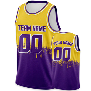 Camiseta de Baloncesto sin Mangas con Nombre y Número del Equipo Impresos para Adultos, Niños y Jóvenes, Camiseta de Baloncesto Personalizada en Dorado y Morado - Product Image 1
